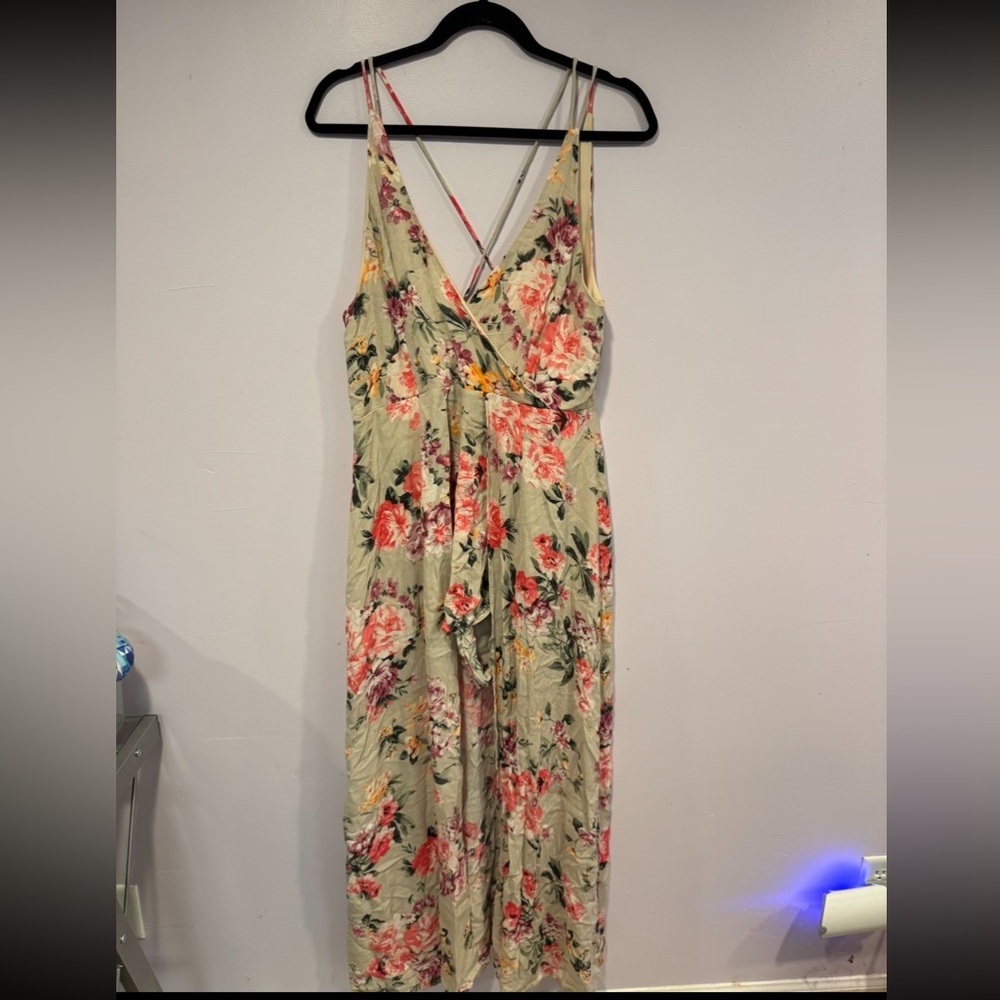 Miami‎ Floral Maxi Dress Romper Green Pink Wrap V-Neck Size L